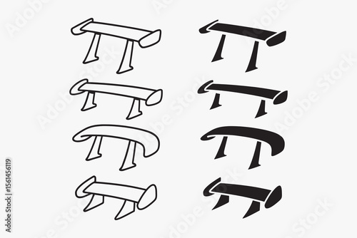 car spoiler icon set in outline and filled style for garage, workshop and repair. racing wing illustrations. aerodynamic automotive accessory element designs with high, low, lip, explainable types