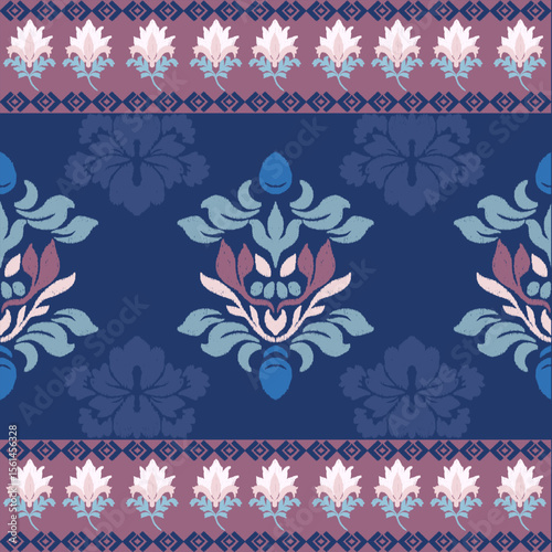 Ikat flower Sunflowers in blue-pink tone , Motif ethnic floral seamless textil, embroidery, print striped ornament floral, pattern, design for wrapping, silk, scarf, background, textile