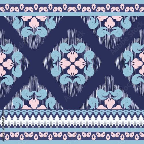 Ikat flower Sunflowers in blue-pink tone , Motif ethnic floral seamless textil, embroidery, print striped ornament floral, pattern, design for wrapping, silk, scarf, background, textile