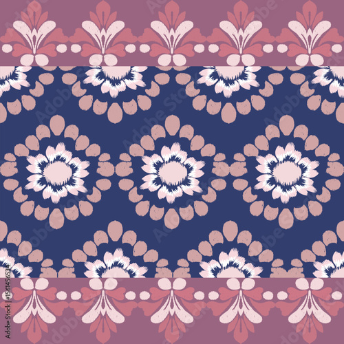 Ikat flower Sunflowers in blue-pink tone , Motif ethnic floral seamless textil, embroidery, print striped ornament floral, pattern, design for wrapping, silk, scarf, background, textile