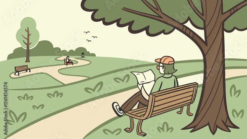 A person sitting on a bench reading a map under a tree in a park with other benches and people in the distance