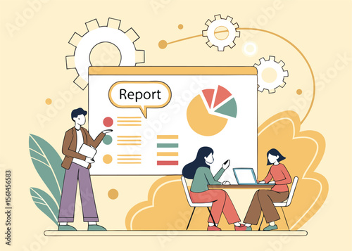 Business Discussion. Vector cartoon illustration in a flat style of a group of diverse people leading a discussion at a table near a whiteboard with charts and graphs. Isolated on background (2)