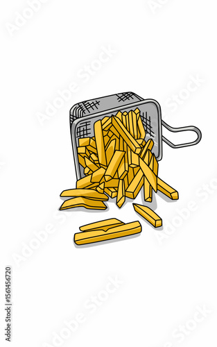 Illustration of French fries spilling from the drainer in white background 