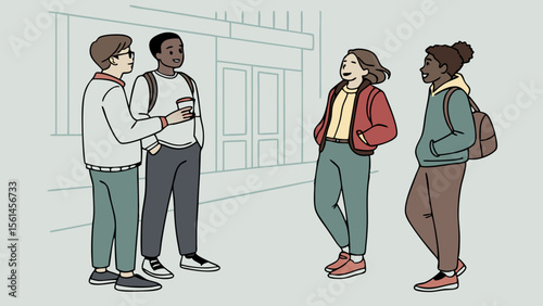 Four young adults standing and talking outside a building with backpacks and a coffee cup, smiling and relaxed