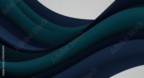 Abstract dark teal navy blue flowing waves with curved geometric layers. design with smooth gradients and dimensional movement creating modern pattern. Digital design, corporate branding, web graphic