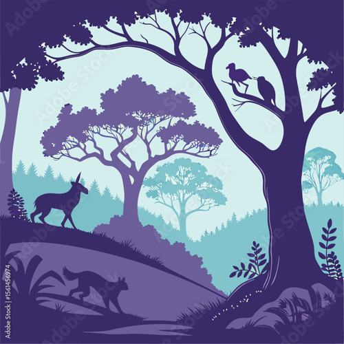 Silhouette of a woodland scene with deer wolf birds and trees in shades of purple and blue gradient color