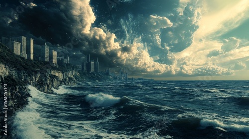 A dramatic, stormy seascape with a city skyline in the distance. The sky is filled with dark, foreboding clouds, and the waves are crashing against the rocky shore.