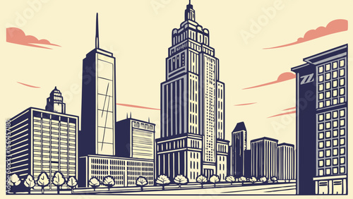 Illustration of a cityscape with various buildings and trees in a vintage comic style design