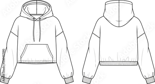 Cropped hoodie flat sketch, fashion design vector, front and back view, drawstring hood, ribbed cuffs, casual wear illustration