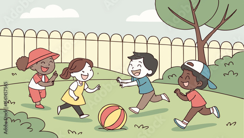 Four children playing with a ball in a backyard with a fence and tree on a sunny day having a good time