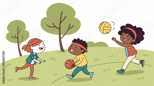 Three children playing with a basketball and volleyball in a park with trees and green grass area