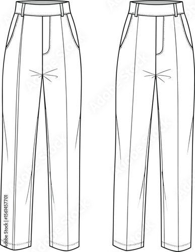 Flat technical drawing of high waist straight leg trousers with side pockets, waistband details, front pleats, fashion cad illustration