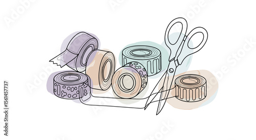 Washi tape rolls and scissors – one-line doodle drawing with watercolor fill in dusty lilac, soft mint and beige on white background

