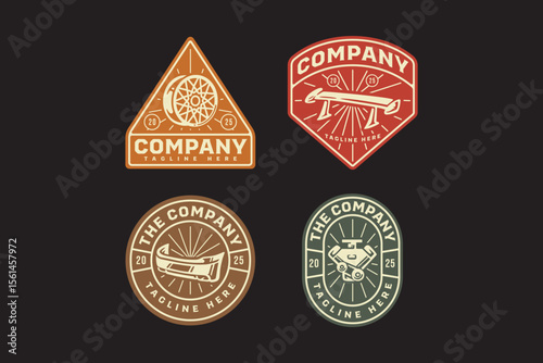 mesh spoke, low spoiler racing, v engine, rear bumper, auto wheel rim, car motor retro badge logo vector design collection set for automotive, garage, workshop, vehicle, custom service, repair
