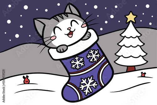 Cute kitten nestled inside a festive christmas stocking ready for the holidays