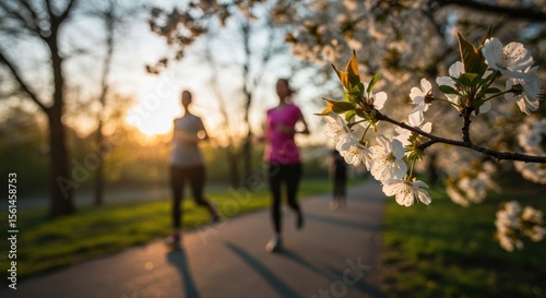 Wallpaper Mural Cherry blossoms joggers running park sunset golden light exercise. Spring fitness outdoor activity healthy lifestyle recreation. Wellness concept Torontodigital.ca