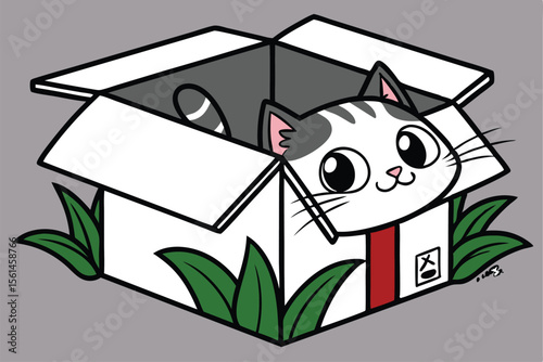 Cute cat peeking out of a simple cardboard box illustration