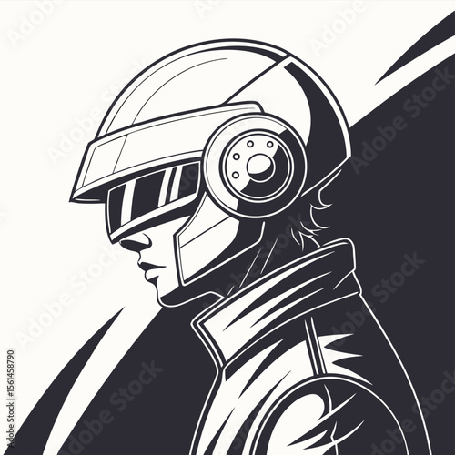 Stylized monochrome illustration of a person wearing a futuristic helmet and visor in profile view