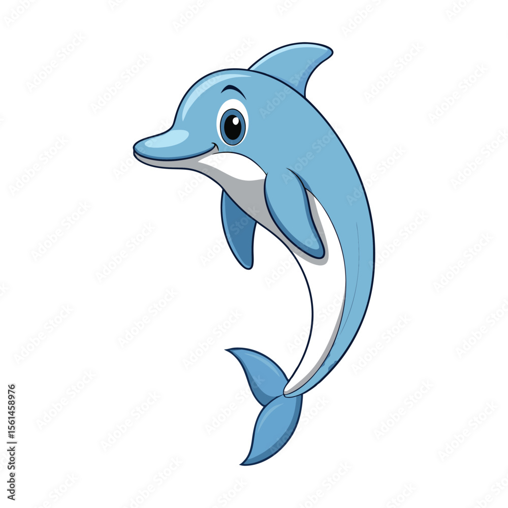Naklejka premium Cute cartoon blue dolphin smiling and jumping isolated on transparent background