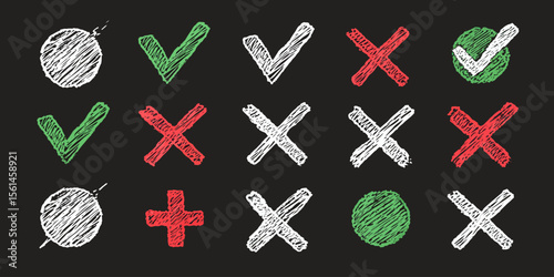 Checkmark & Cross Pattern: A visually striking collection of hand-drawn checkmarks and crosses against a dark background, representing contrasting choices, correct and incorrect. 