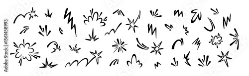 Set of boom, splash, impact, explosion, burst, bomb manga comic effects. Hand drawn doodle icons. Handwriting basketball, tennis, baseball ball bounce. Speed, movement, motion design elements