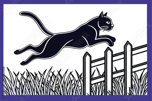 Playful cat leaping gracefully over a garden fence in a dynamic vector illustration
