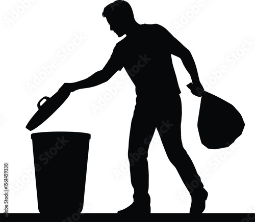 Man Disposing Garbage in Trash Can Silhouette Vector Illustration