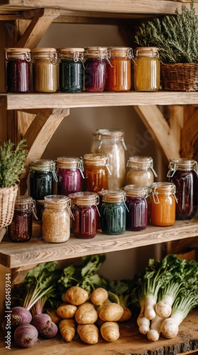 Homemade jam and preserved veggies in glass jars on cozy kitchen shelf