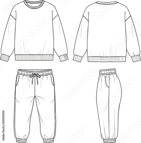 Jogger pants and sweatshirt technical fashion drawing, front and back view, casual loungewear set, vector flat cad illustration