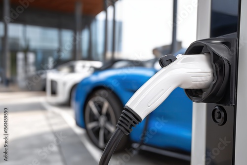 Close-up of electric vehicle charging at a modern city station, power cable and wall hookup with blue EVs in the background