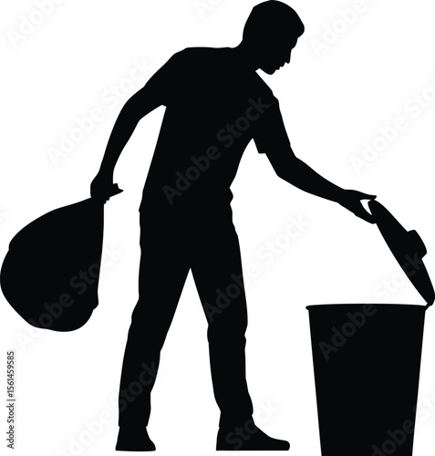 Man Throwing Garbage in Bin Silhouette Vector Illustration