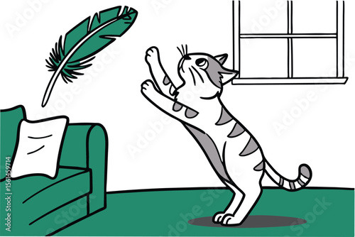 Playful kitten leaping to catch a floating feather in mid air action