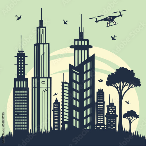 Silhouette of a city skyline with skyscrapers, trees, birds, and a drone flying in the sky above it