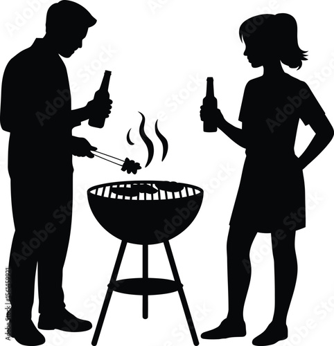 Couple Grilling BBQ Silhouette Vector Illustration