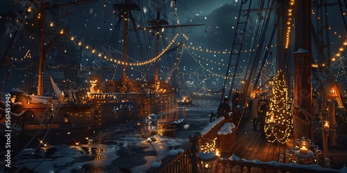 Snow falls on ships decorated for christmas with lights and trees at night