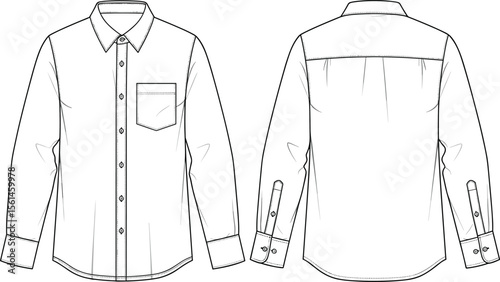 Long sleeve shirt flat sketch, front and back technical drawing, fashion CAD template, button-down shirt vector, apparel design illustration