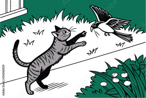 Dynamic illustration of a cat leaping energetically to catch a bird in flight