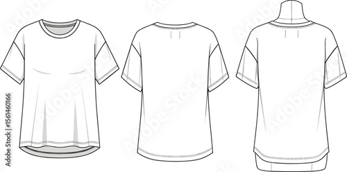 Loose fit women’s top technical sketch, round neck, short sleeve, back and front views, flat vector fashion cad drawing