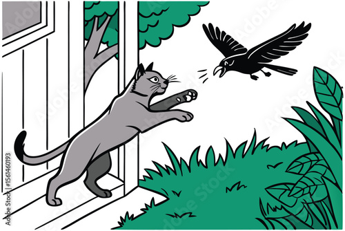 Dynamic cat leaping to catch a bird in mid air action