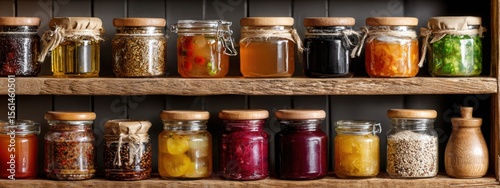 Preserved vegetables in rustic jars, arranged for seasonal storage