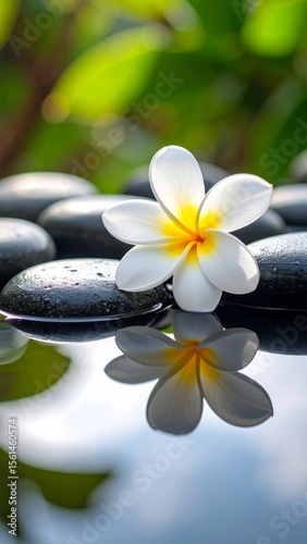 Serene spa still life with frangipani flowers and balanced zen stones promoting natural beauty and tropical relaxation