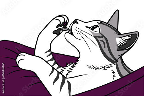 Cute cat diligently grooming its paw with a clean detailed vector illustration