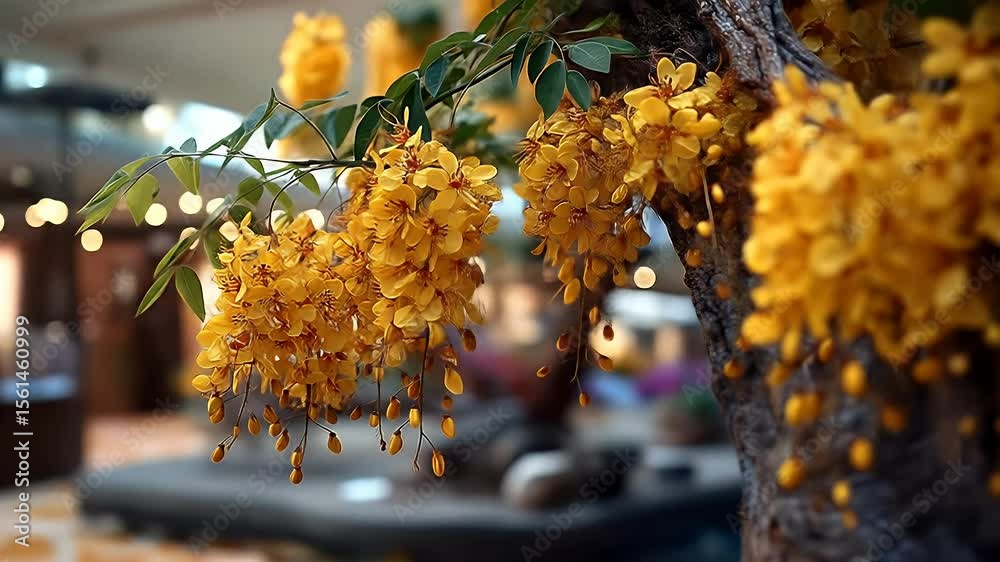 Cascading Golden Shower Tree Branch with Yellow Blossoms Against Blurred Background