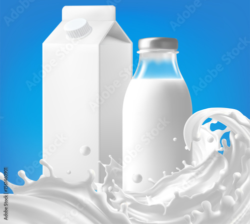 Blank milk carton mockup realistic white milk splash flowing yogurt cream isolated on background Vector Mesh gradient wes used
