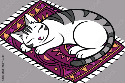 Cute cat resting on a vibrant abstract colorful patterned rug from a top down perspective