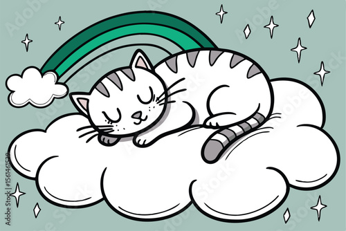 Whimsical cat peacefully sleeping on a fluffy cloud in a dreamy artistic style