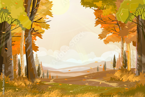 Autumn landscape Sunset sky,cloud with forest tree for Nature background,Cartoon Scene Fall Season Mountain,Meadow,Orange Foliage,Vector nature rural grass field,maple tree,farm land in countryside