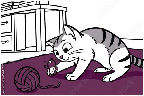 Playful kitten chasing a small toy mouse in a charming illustration