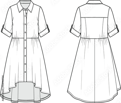 Shirt dress fashion technical flat, front and back views, rolled sleeve, button down, cad drawing, high low hem, vector illustration