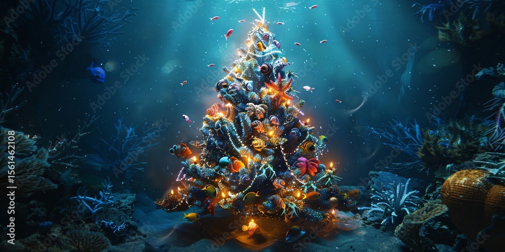 Fototapeta premium An underwater christmas tree decorated with lights and ornaments stands among coral reefs